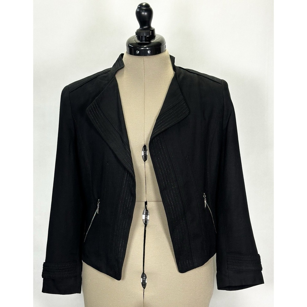 White House Black Market Jacket Women's Sz:6‎ Linen Blend 3/4 Sleeve Black